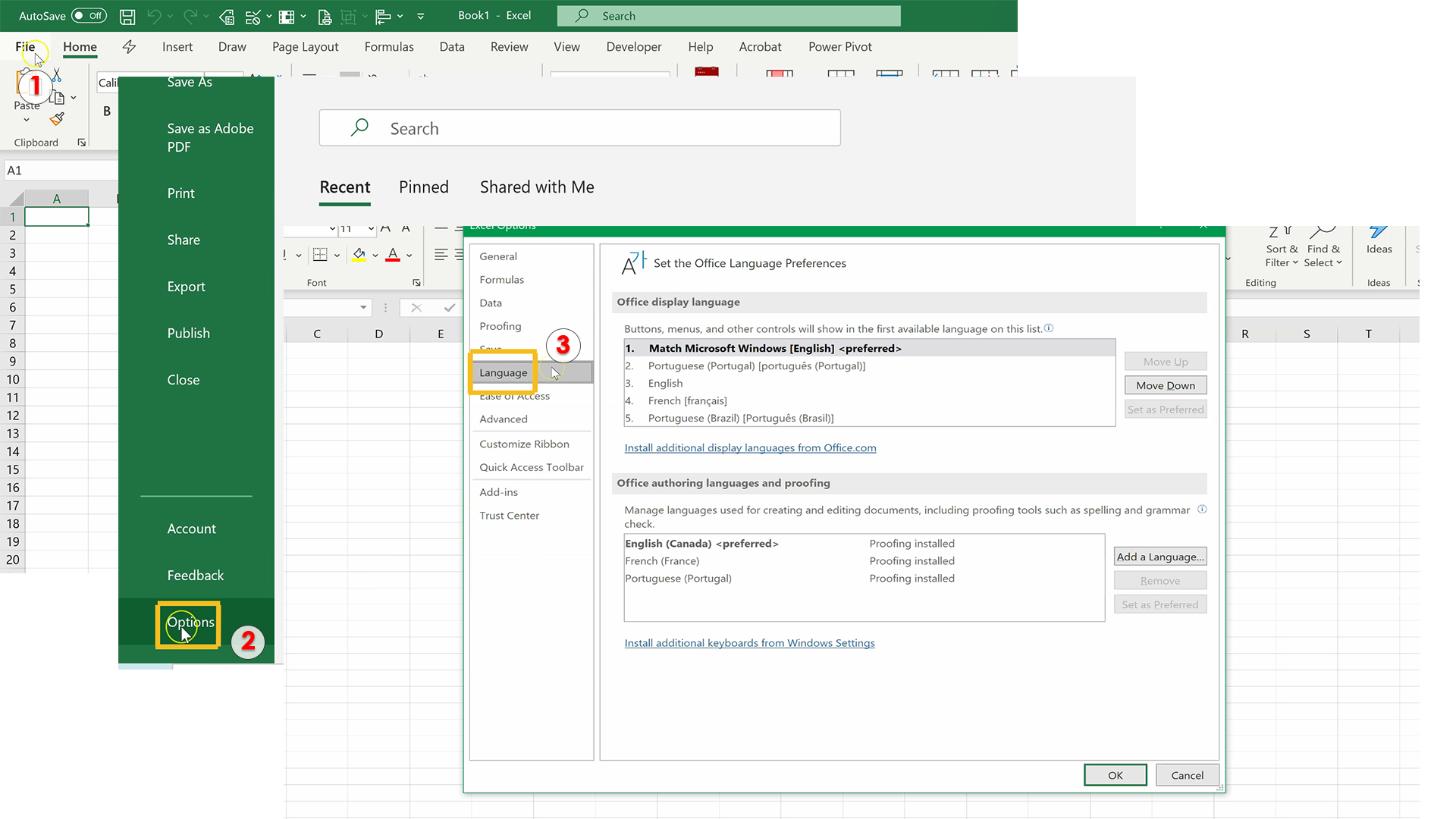 How to change the display language in Excel (Time 0_01_00;00-2)