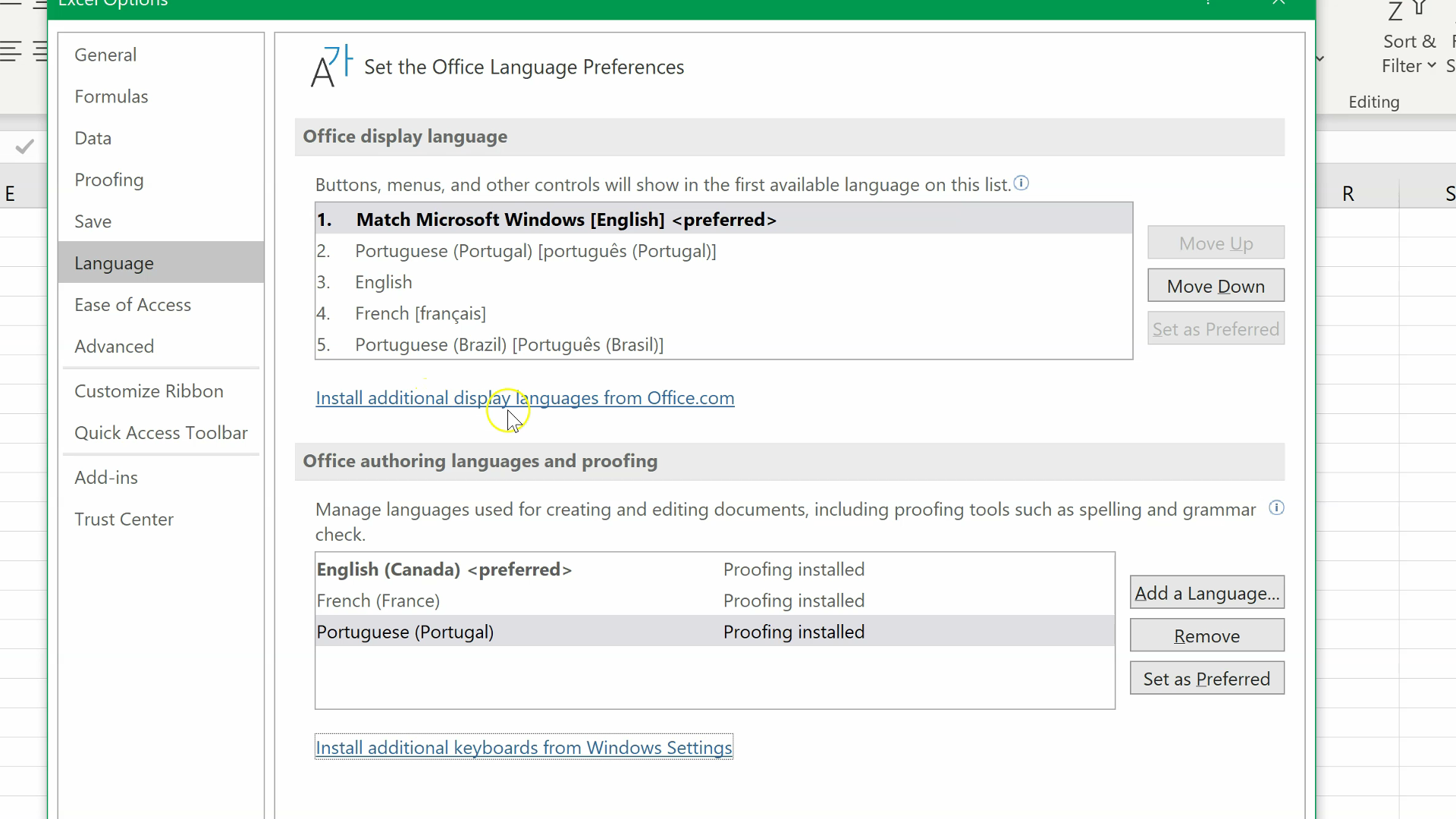 How to change the display language in Excel (Time 0_01_21;08)